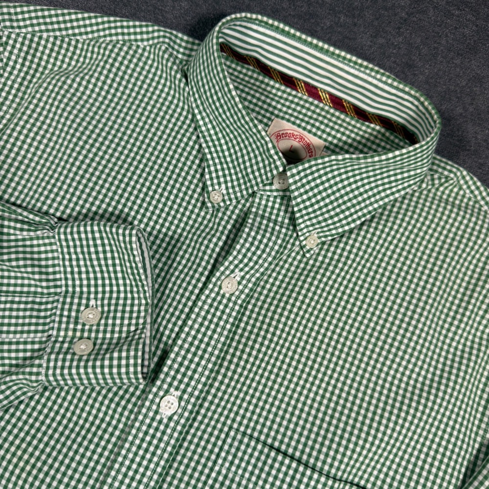 Brooks Brothers Button Down‎ Shirt Mens L Green Gingham Check Long Sleeve Cotton